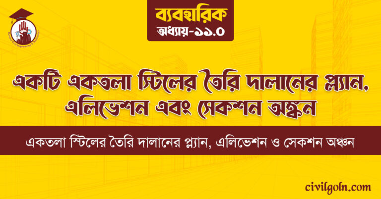 একটি একতলা স্টিলের তৈরি দালানের প্ল্যান, এলিভেশন এবং সেকশন অঙ্কন